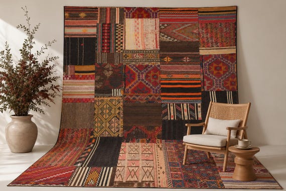 Vintage Jute Patchwork Kilim Rug, 7x10 Turkish Tribal Rug, Rustic Boho Wool Area Carpet