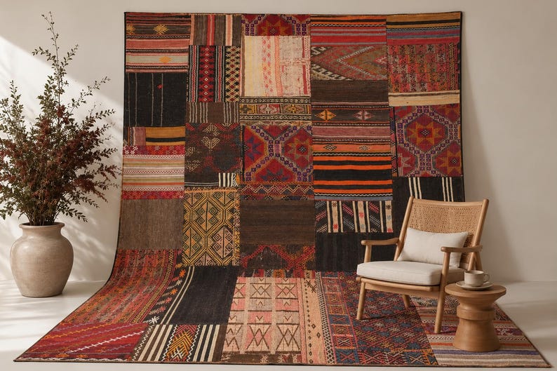 May include: A large rectangular area rug featuring a patchwork design composed of various woven textile segments in shades of red, orange, brown, black, and cream, displaying diverse geometric patterns, stripes, and intricate tribal-inspired motifs.