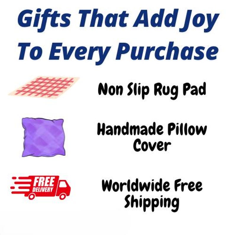 May include: A graphic display featuring the text Gifts That Add Joy To Every Purchase. It includes a beige non-slip rug pad with a red grid, a purple handmade pillow cover, and a red truck icon labeled Worldwide Free Shipping.