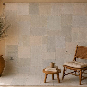 Off-White Neutral Hanwoven Jute Hemp Rug 7x10, Turkish Oushak Patchwork Carpet