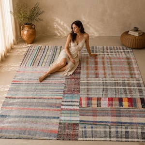 Colorful Vintage Jute Patchwork Rug 7x10, Decorative Striped Kilim Rug, Neutral Turkish Woven Carpet