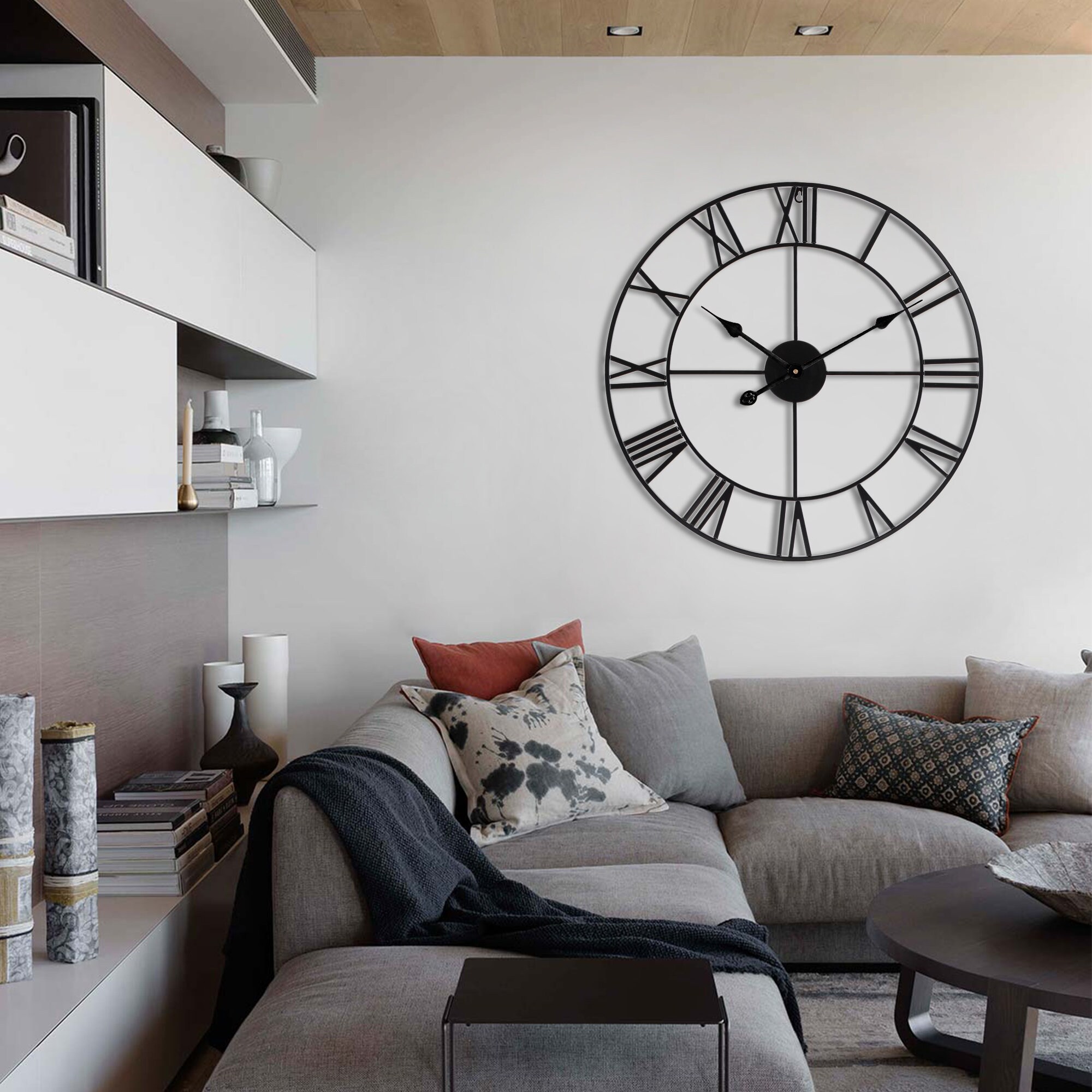 40cm Black Greensen Wall Clock Vintage Silent Clock 3D Decorative Gear with Roman Numerals Indoor Quiet Metal Wall Clock for Loft Bedroom Living Room Kitchen Bar Cafe 
