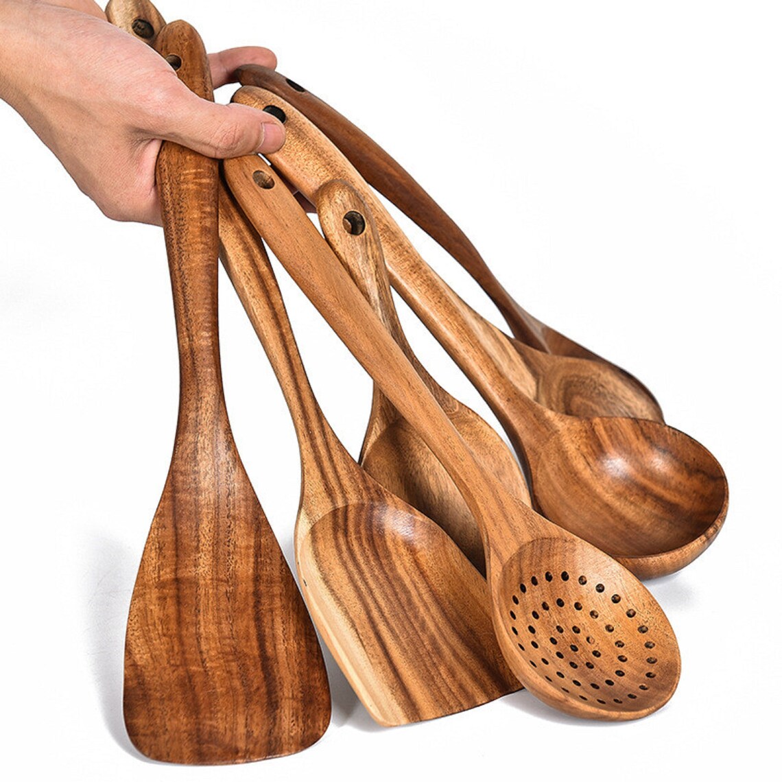 7 Teak Utensils Wooden Spoons for Cooking Reusable Wood Etsy
