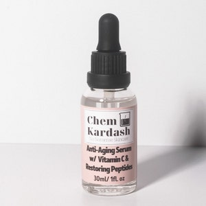 ChemKardash® Antiaging Serum. Pink label, 1oz white background, Vitamin C and restoring Peptides