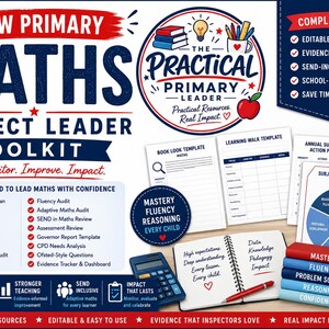 Puede incluir: Un paquete de recursos educativos New Primary Maths Subject Leader Toolkit que incluye una pila de cinco libros etiquetados como Mastery, Fluency, Problem Solving, Reasoning y Confidence, una calculadora, un cuaderno y varias plantillas y gráficos impresos.