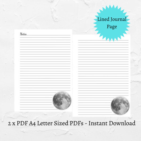 MOON Printable Lined Paper PDFs | Set of 2 A4 Letter Size Pages | Stationary Note Sheets |  Digital Download