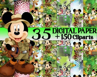 Mickey Mouse digital paper and clipart,12x12,Mickey Safari clipart,Safari,Mickey Safari paper,Mickey Mouse digital,Transparent Background