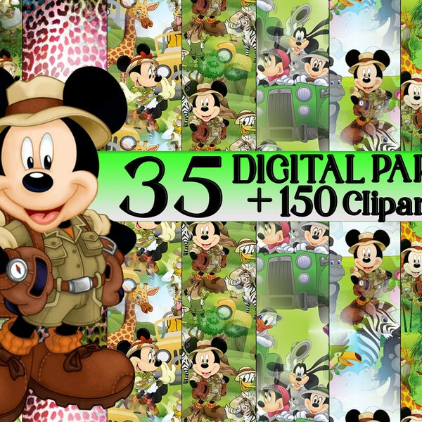 Mickey Mouse digital paper and clipart,12x12,Mickey Safari clipart,Safari,Mickey Safari paper,Mickey Mouse digital,Transparent Background