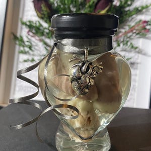 Cinq vrais petits spécimens humides de coeurs de canard dans un bocal en verre, avec une breloque en forme de coeur de couleur argentée sur le boîtier.
