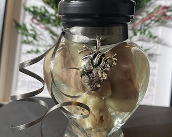 Five Duckling Hearts Wet Specimen: Silver Heart Charm, Glass Jar