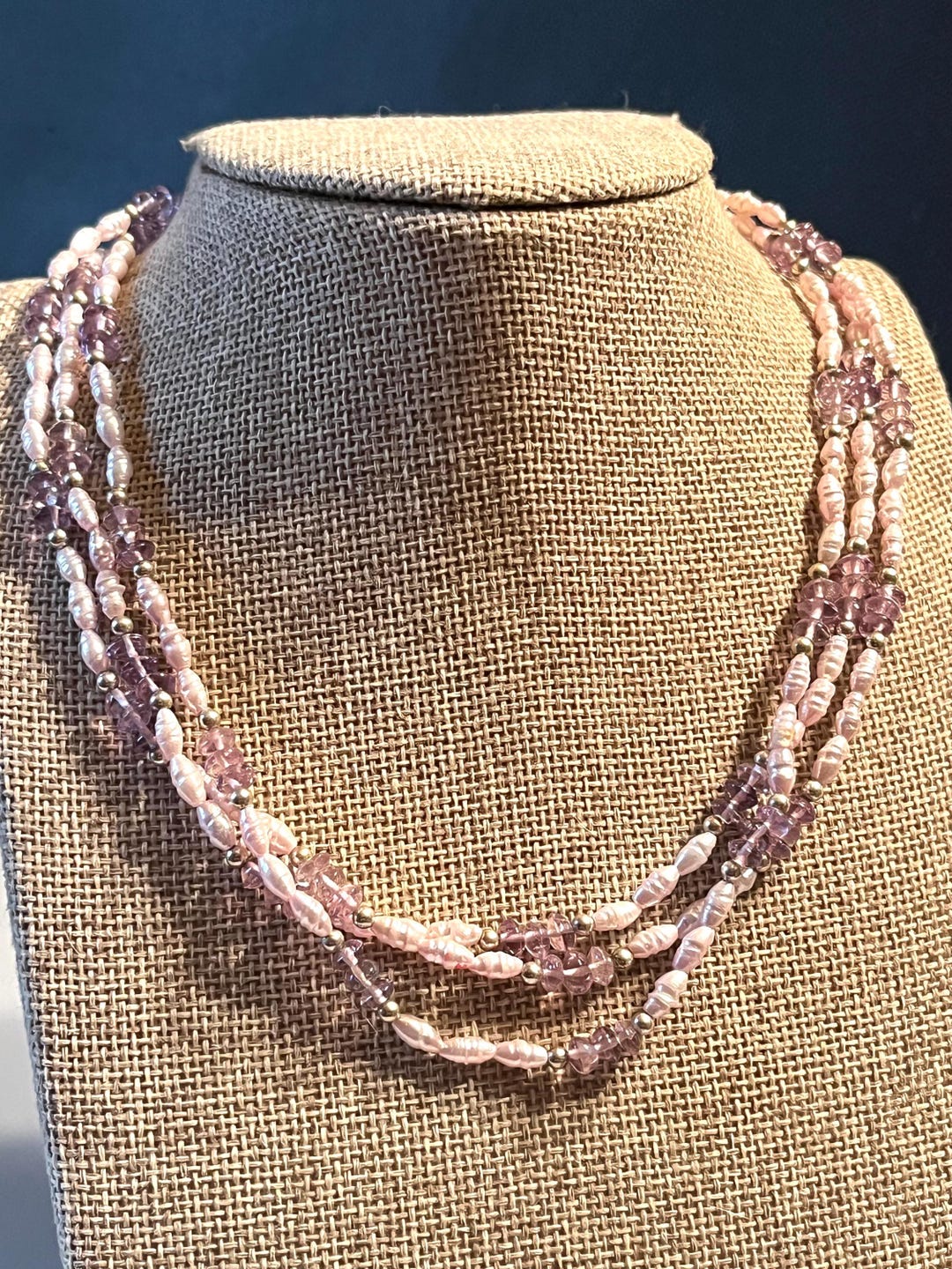Vintage Rice Pearl and Amethyst Quartz Bead Necklace. 16 1/2”. 3 Strand ...