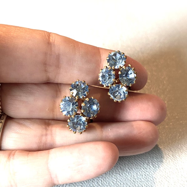 Vintage Light Blue Rhinestone Clip Earrings. Made in Austria.