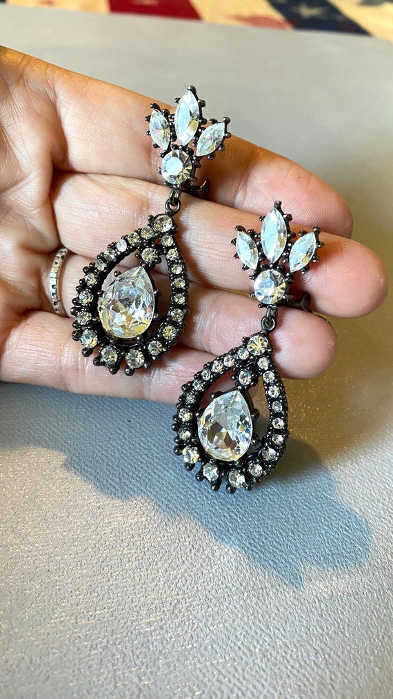 Vintage Clear Rhinestone Statement Clip Earrings. 