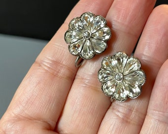 Vintage Clear Rhinestone Flower Earrings. Screwbacks. Marked Sterling