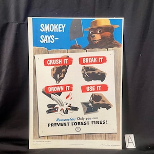 Póster en cartón encerado original vintage de Smokey the Bear de 1949 "Smokey Says" (A) Prevención de incendios