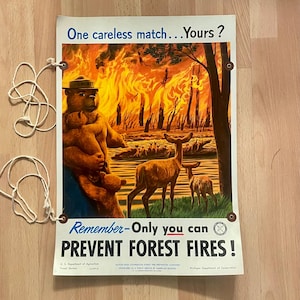 Póster de árbol de cartón con cuerdas, muy raro, original, vintage, de Smokey el oso, de 1953, del Departamento de Conservación de Michigan, One Careless Match