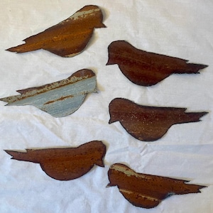 May include: Six rustic metal bird cutouts in various shades of brown and blue. The birds are made from recycled metal and have a distressed, vintage look.
