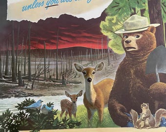 Rare 1949 Vintage Original Smokey the Bear Large 18 X 26 Fire