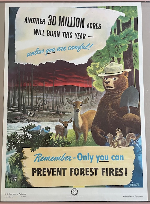 Rare 1949 Vintage Original Smokey the Bear Large 18 X 26 Fire