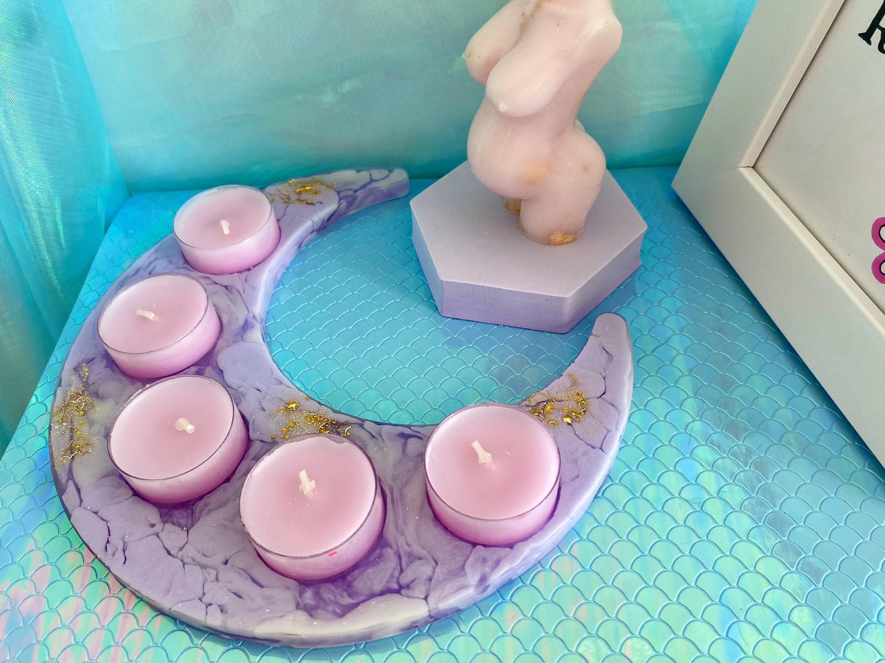 Bougeoir Porte-Bougies Lunaire Lune Argent Gris en Résine