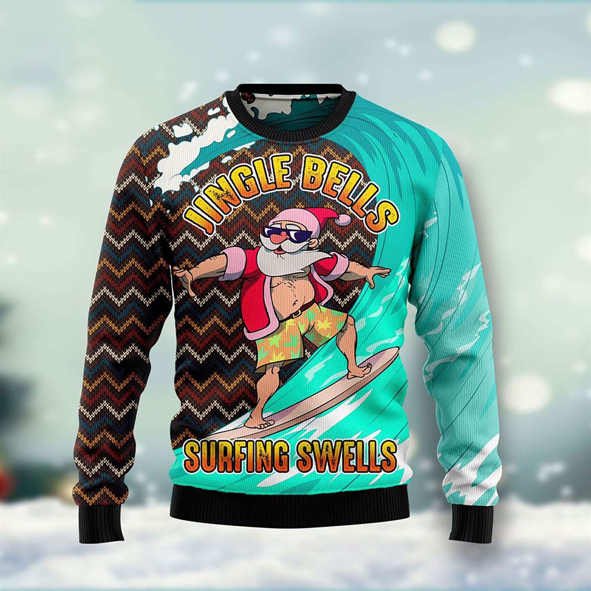 Jingle Bells Surfing Swells 3D Ugly Christmas Zip Hoodie Pullover