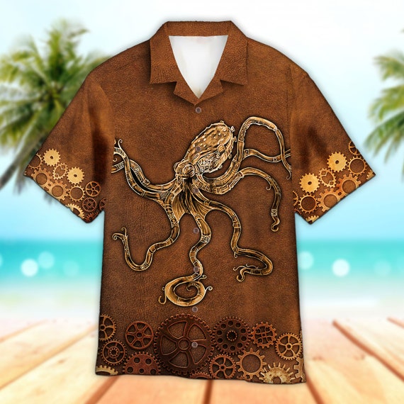 Unisex Brown Octopus Steampunk Hawaiian Shirt, Aloha Hawaiian Shirt  Short Sleeve Hawaiian