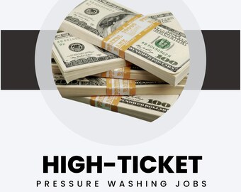 Può includere: Una pila di banconote da 100 $ US in un cerchio con il testo "THE POWER WASHING CHICK" sopra e "HIGH-TICKET PRESSURE WASHING JOBS" sotto. Il testo "The Power Washing Chick" e "PerfectPressureWashingServices@Gmail.Com" si trova nella parte inferiore dell'immagine.