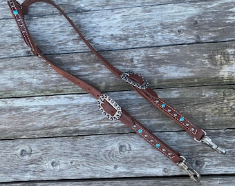 Quick Change Turquoise Bling Leather Headstall Single Ear Browband Bridle Handmade Custom
