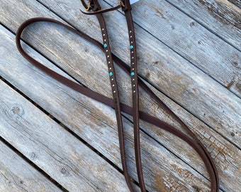 Butter soft Harness Leather Reins W/ Nickel and Turquoise Crystals