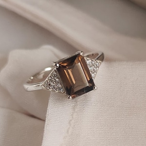Emerald Cut Smokey Quartz Ring, Sterling Silver Gemstone Ring, Solitaire Ring, Ring For Women, Anniversary Ring, Quartz Statement Ring, Gift