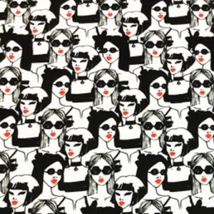 Pop Art Fabric: Black and White Faces Print, Upholstery & Drapery, 56&quot; Wide