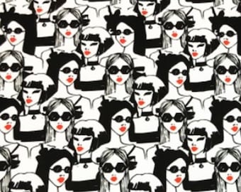 May include: Black and white repeating pattern of stylized faces wearing sunglasses. The faces have red lips and are set against a white background.
