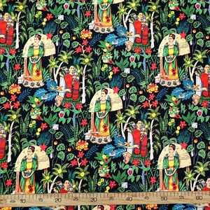 May include: Black fabric with a repeating pattern of colorful flowers, leaves, and stylized figures. The figures are wearing traditional Mexican clothing and have dark hair and brown eyes. The fabric is perfect for crafting projects, quilting, and home decor.