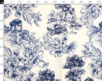 Toile de Jouy Fabric: Navy Blue Farmhouse Style, 56" Wide