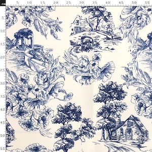 Toile de Jouy Fabric: Navy Blue Farmhouse Style, 56&quot; Wide