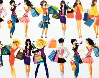 Shopping Girls Pop Art Upholstery Fabric: Digital Print Canvas, 56" Wide