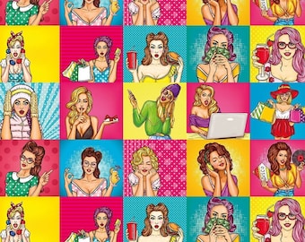 Pop Art Girls Upholstery Fabric: Digital Print Canvas, 56" Wide