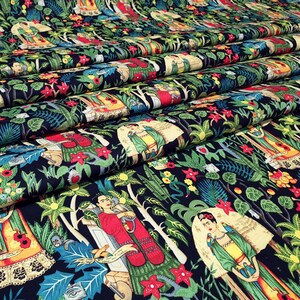 May include: Black fabric with a repeating pattern of Frida Kahlo illustrations. The illustrations are colorful and feature Frida Kahlo in various poses, surrounded by flowers, plants, and animals. The fabric is perfect for crafting projects, such as clothing, bags, and home decor.
