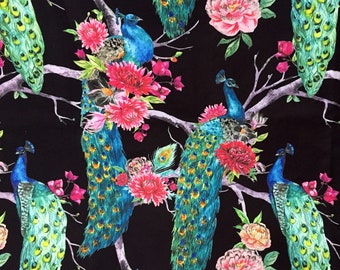 Peacock Floral Upholstery Fabric: Pink Flowers on Black (56 inch)