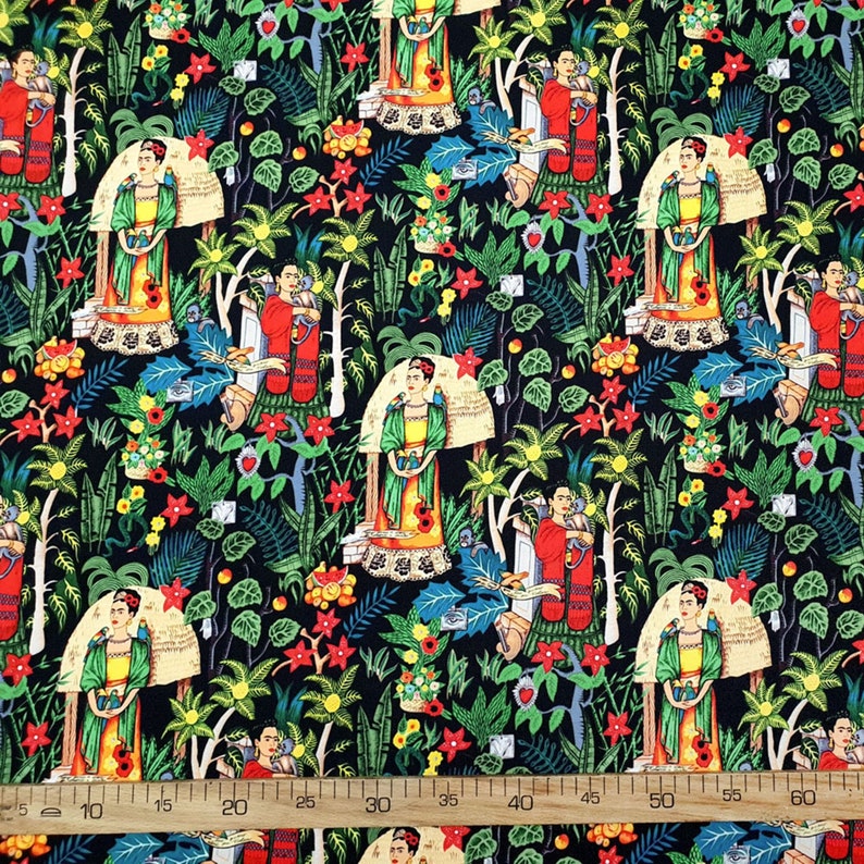 May include: Black fabric with a repeating pattern of colorful flowers, leaves, and stylized figures. The figures are wearing traditional Mexican clothing and have dark hair and brown eyes. The fabric is perfect for crafting projects, quilting, and home decor.
