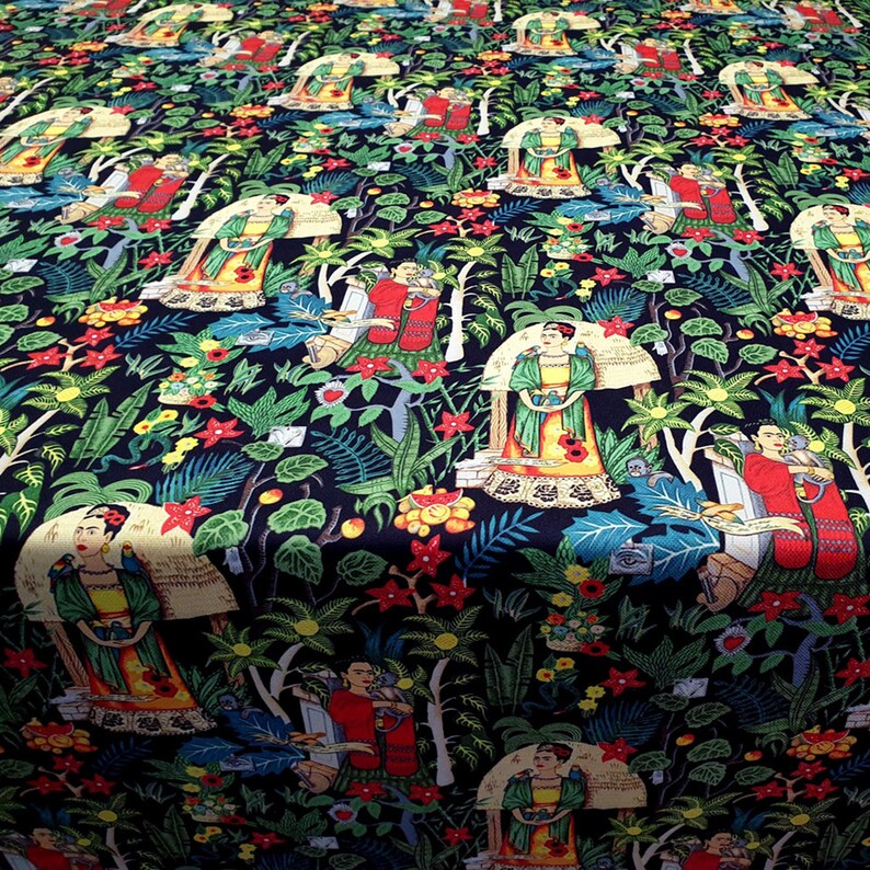 May include: A black fabric with a repeating pattern of a woman in a green dress and a red dress, surrounded by tropical plants and flowers. The woman is holding a bird in her hand. The fabric is perfect for crafting projects, quilting, and home decor.