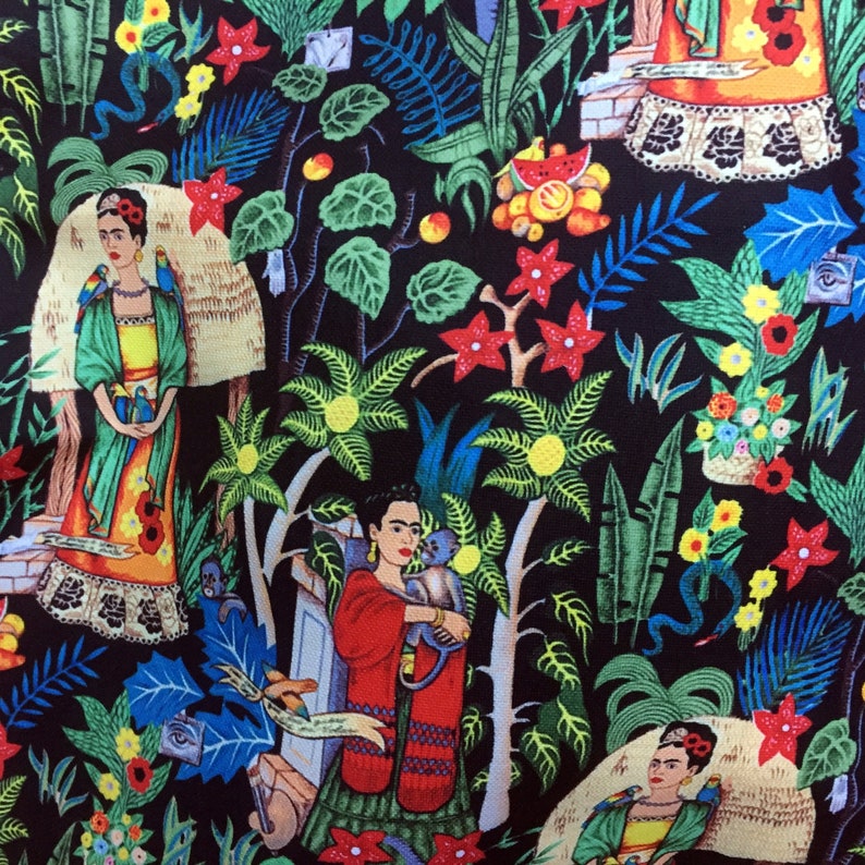 May include: A black fabric with a colorful repeating pattern of Frida Kahlo, flowers, and tropical plants. The pattern is a vibrant mix of red, yellow, green, blue, and orange.