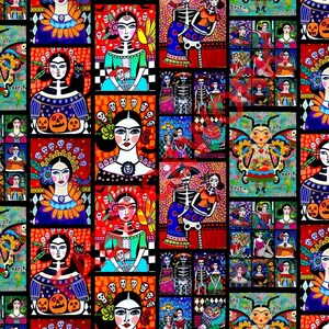 May include: A colorful digital collage featuring multiple images of women with skulls and flowers. The images are arranged in a grid pattern and include the words "Frida" and "Marip".