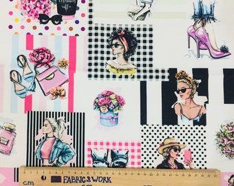 Pop Art Fashion Girls Fabric: Patchwork Upholstery, Drapery, 56" Wide