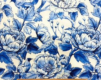 Blue Floral Upholstery Fabric: Large Flowers, Canvas Weave (56 inch)