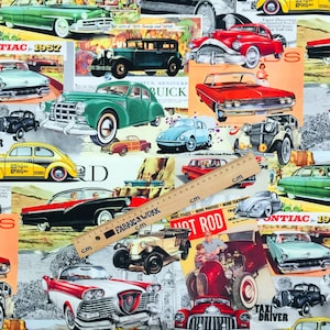 Retro Classic Cars Upholstery Fabric: 1950s Style, 56 Inch Wide