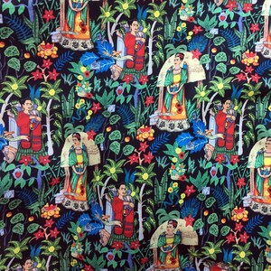 May include: A black fabric with a repeating pattern of a woman with a flower crown and a monkey. The woman is wearing a colorful dress and is surrounded by green leaves and flowers.