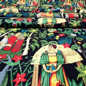 May include: Black fabric with a colorful repeating pattern featuring a woman with a unibrow, flowers, and birds. The woman is wearing a green shawl and a yellow dress. The fabric is perfect for crafting projects like clothing, bags, and home decor.