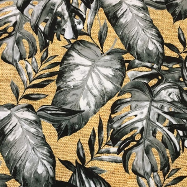 Grey Leaves on the Burlap background/UPHOLSTERY/Sofa/Chair/Cushion/Pillow/Tablecloth/Runner/Home décor/Drapery Fabric, By The Yard/56 inch