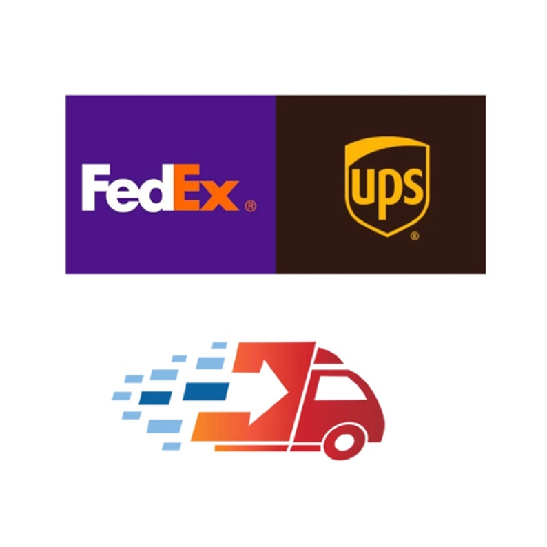 Puede incluir: Un logotipo de FedEx morado y naranja junto a un logotipo de UPS marr&oacute;n y amarillo. Debajo de los logotipos hay una ilustraci&oacute;n roja, naranja y azul de un cami&oacute;n de reparto que avanza a toda velocidad.